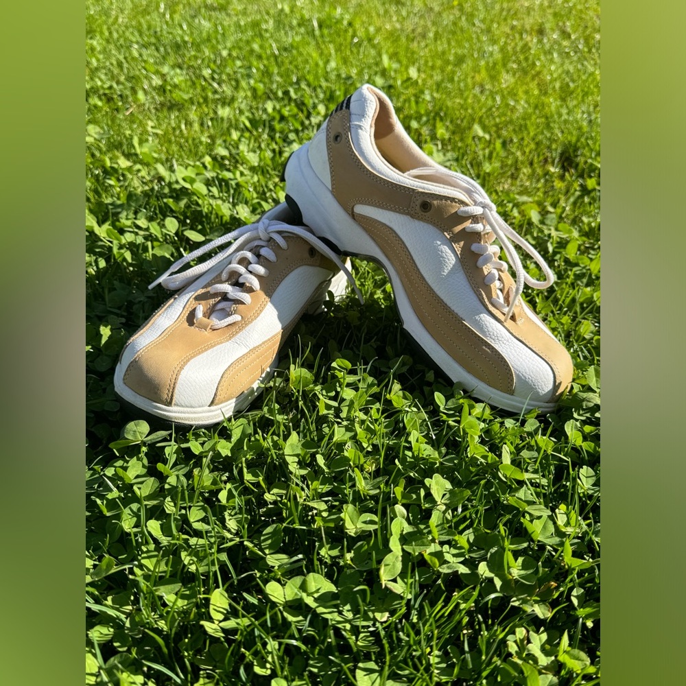 Leather Golf Etonic G-SOK Spikeless Womens 8M Waterproof Tan White Goodyear Sole